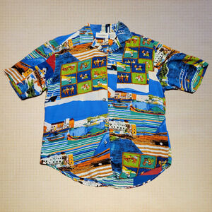 Glinda, L | Vintage Silk Allover Print Western Cowboys Collage Button up